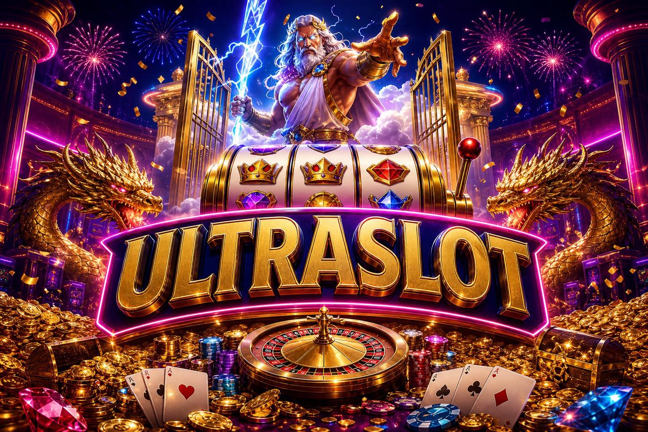 Ilustrasi halaman ULTRASLOT dengan kartu hadiah pendaftaran dan pengaturan anggaran