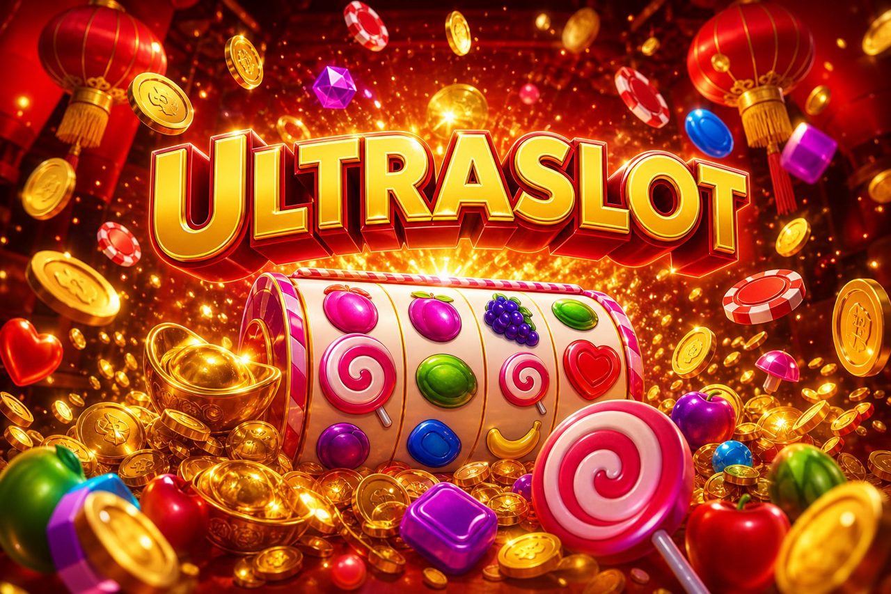Tampilan antarmuka permainan Ali Baba di ULTRASLOT dengan gulungan dan simbol harta karun